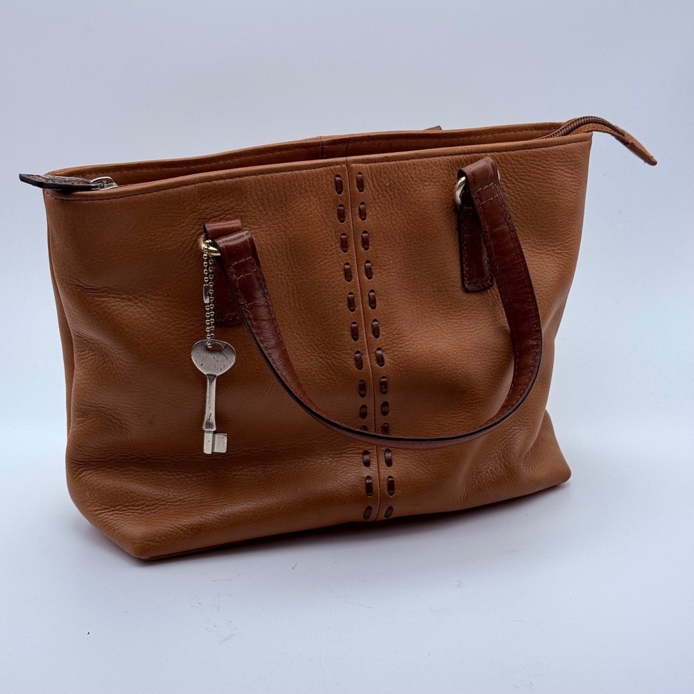 Fossil Brown Pebbled Leather Whipstitch Tote Bag Satchel with Key Charm